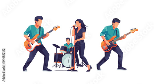 A four-member band, including two guitarists, a female vocalist, and a drummer, performs together in a minimalist, flat illustration style on a white background.