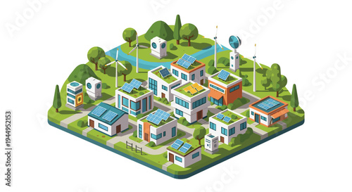 An isometric smart city illustration showcases modern houses with solar panels, green hills, winding rivers, and wind turbines, emphasizing sustainable urban development.