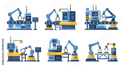 Six separate illustrations depict blue robotic arms on yellow-based assembly lines, meticulously performing automated tasks with objects and control panels on a white background.