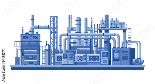An intricate, modern industrial factory with extensive blue piping and multiple processing units stands on a white background, displaying complex manufacturing infrastructure.