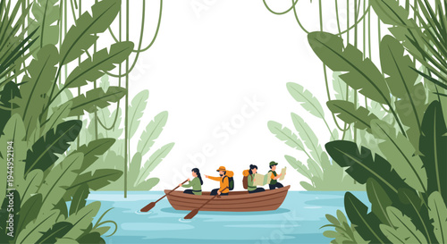 Four diverse individuals are actively paddling a brown wooden rowboat on a calm blue river, framed by lush green jungle foliage and hanging vines.