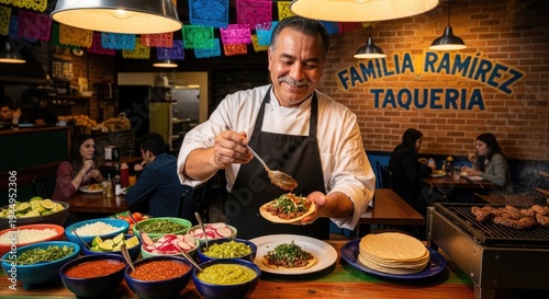 A smiling chef, identified as Ricardo Ramirez, prepares tacos at Familia Ramirez Taqueria. He wears a white apron and uses a spoon to fill a tortilla with colorful toppings.