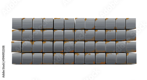 Three horizontal rows of stacked, slightly rusty grey rectangular metal blocks form a solid structure on a white background.