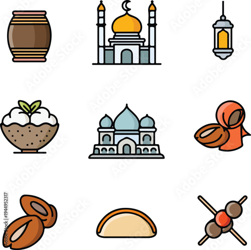 Food icons vector set with cake coffee tea cupcake croissant dessert cafe menu symbols design elements