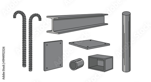 A diverse assortment of seven grey metal construction components, including rebar, I-beam, and plates, is displayed on a white background.