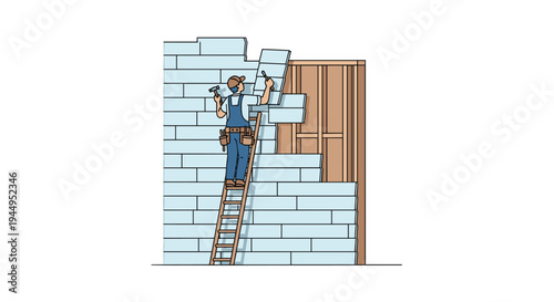 A construction worker in blue overalls stands on a wooden ladder, carefully building a wall with light blue rectangular blocks.