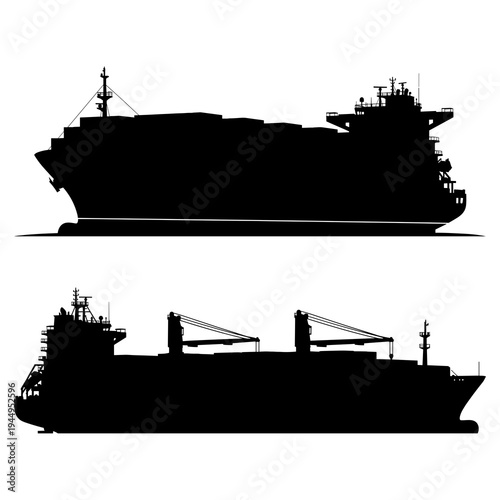 A minimalist vector graphic illustration of two cargo ship silhouettes