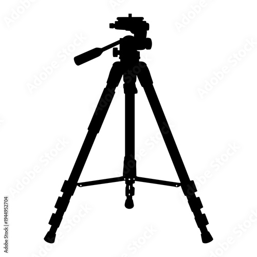 A black silhouette of a camera tripod standing alone on a white background