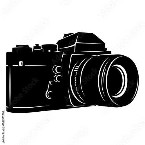 A minimalist vector graphic illustration of a camera in silhouette mode