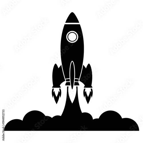 A black silhouette rocket ship blasting off into space with a white background