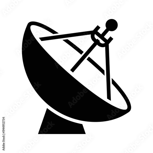 A minimalist black satellite dish icon on a white background silhouette