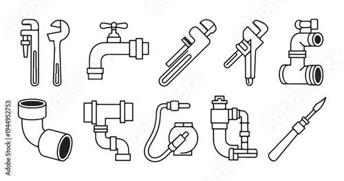 Plumbing repair icons set with diverse pipe joints faucets and adjustable wrenches in thin line art style