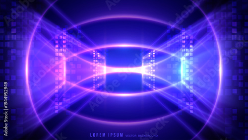 Futuristic vector background in purple and blue, featuring glowing light rings, data pixels, and digital symmetry