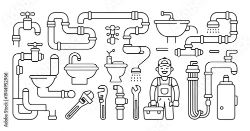 Set of plumbing icon vector, plumbing pipes, spanner, faucet and plumber line icon vector graphic design