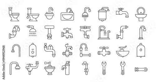 Grid of plumbing related icons in outline style for various design applications