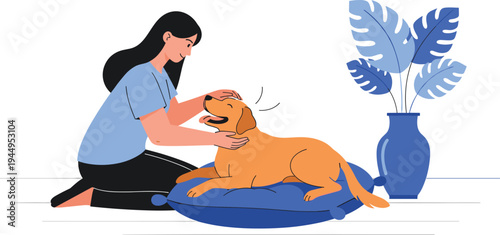Woman petting happy dog resting on cushion at home showing love care and companionship flat vector illustration
