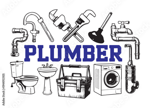 Professional plumbing repair banner with blue typography and woodcut style sanitary equipment collection