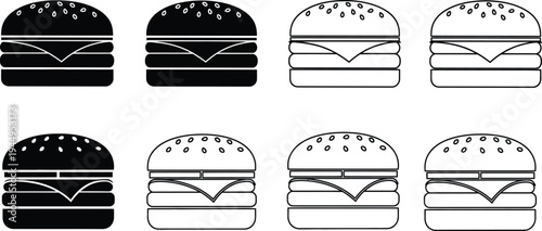 Set of 8 Burger Icons Vector: Black Silhouette and Outline Fast Food Graphics Collection