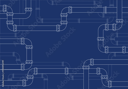 Industrial pipeline network blueprint background, vector illustration of plumbing pipes system for water supply, oil and gas infrastructure, engineering, and construction technology.