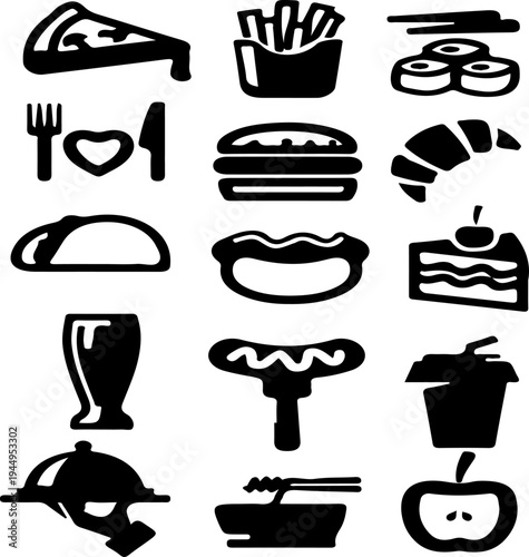 Set of 15 Black and White Food and Drink Icons Vector Collection for Restaurant Menus, Fast Food Apps, and Culinary Websites