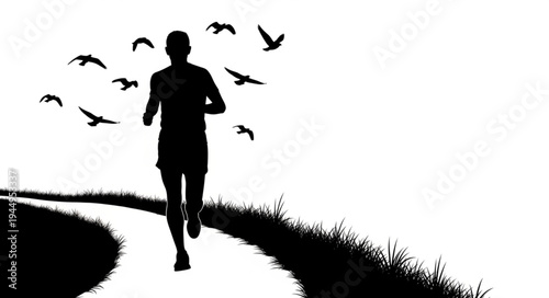 Silhouette of a runner on a path with birds flying.