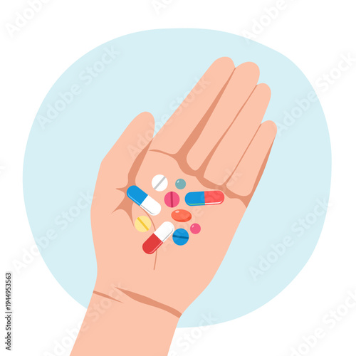 Pills in hand vector illustration. Health treatment concept in flat design.