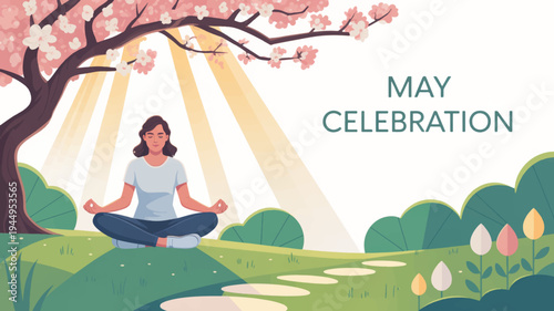 Serene woman meditating under blooming cherry blossom tree in sunny green park with vibrant flowers and lush grass feeling peaceful and relaxed during may celebration