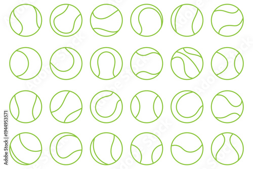 Tennis ball icon set. Sport equipment vector set. Tennis ball collection with static and motion versions for match, training, and game design.