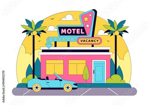 Retro Roadside Motel Illustration With Neon Sign, Palm Trees, Vintage Cars, Colorful Summer Travel Accommodation, American Highway Lodging Scene