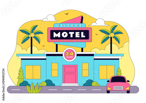 Retro Roadside Motel Illustration With Neon Sign, Palm Trees, Vintage Cars, Colorful Summer Travel Accommodation, American Highway Lodging Scene