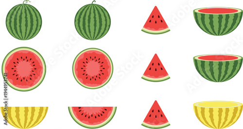 Watermelon fruit icon set whole sliced and half fresh summer food vector illustration