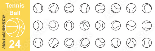 Tennis ball icon set. Sport equipment vector set. Tennis ball collection with static and motion versions for match, training, and game design.