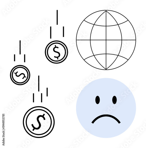 Economic downturn. Economic downturn with symbols of falling currency and a sad face. Economic downturn affecting global markets and financial stability. For finance, business, trade, recession