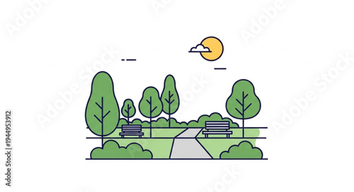 Peaceful park scene with trees benches and path.