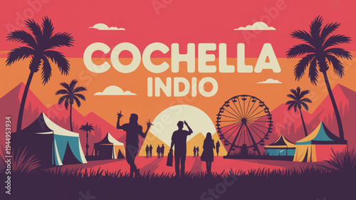 Vibrant coachella festival scene at sunset with palm trees ferris wheel and people enjoying music festival in indio california