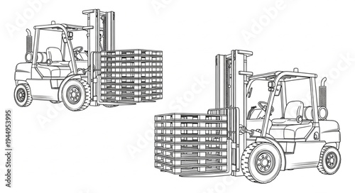 Two Forklifts Lifting Wooden Pallets Illustration.
