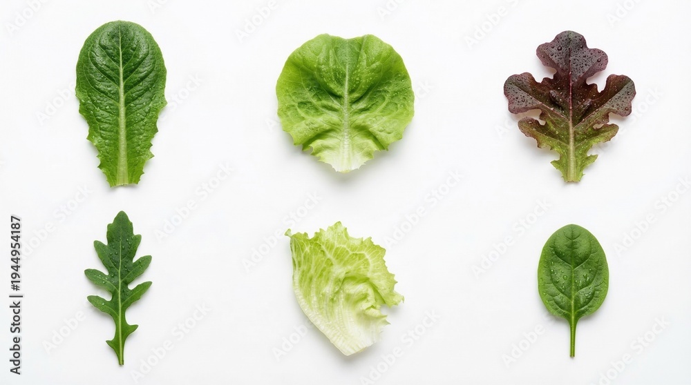Obraz premium Six different types of fresh green lettuce, including spinach, arugula and romaine, neatly arranged against a white background.
