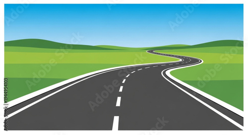 A winding asphalt road stretches into the distance under a clear blue sky.