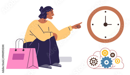 Time management, productivity, scheduling, work-life balance, efficiency, retail habits. Woman seated near pink shopping bag points at a clock with gears below. Time management and productivity