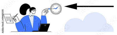 Time management concept. Businesswoman working with clock productivity and efficient time tracking. Time management enhances scheduling and workflow organization. Perfect for productivity apps, task