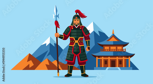 Ancient Chinese Warrior with Spear

Flat vector illustration of an ancient Chinese warrior standing with a long spear and traditional armor. Wearing lamellar armor and helmet with red tassel. Mountain