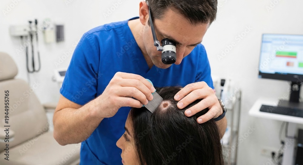Fototapeta premium Dermatologist examining pigmented scalp lesion on patient