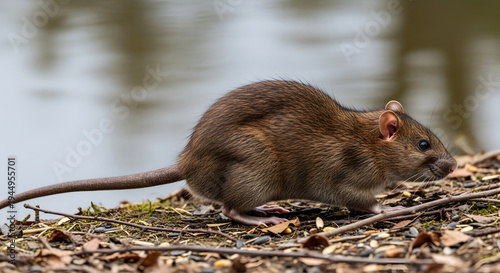 Brown rat with long tail on ground near blurred water background rodent animal