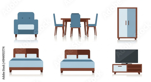 Collection of modern furniture items for home interior design.