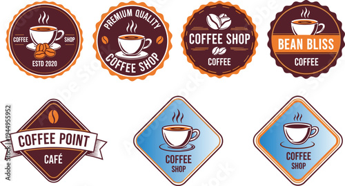 Vintage coffee shop badges set with cup icons retro cafe logo labels vector illustration collection