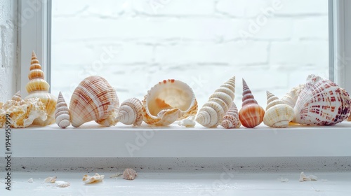 A close-up of a seashell collection displayed on a windowsill, coastal summer decor, copy space included,