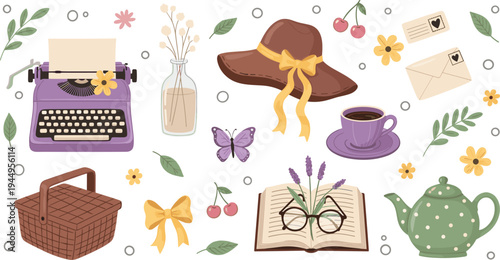 Quadro su tela Vintage cozy lifestyle elements collection with typewriter hat teapot book flowe