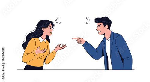 Man and woman engaged in a fierce verbal argument with angry expressions and pointing fingers during a relationship dispute.