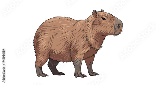 Realistic illustration of a large brown capybara standing on a white background with detailed fur texture and features.