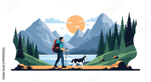 Adventurous hiker walking with a husky dog on a scenic mountain trail by a lake at sunset with beautiful nature scenery.